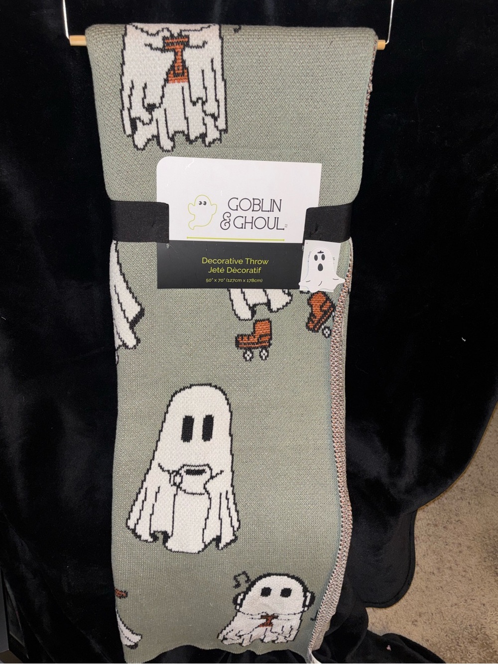 Halloween Sage Green Skating & Reading Book Ghost blanket by Goblin and Ghoul